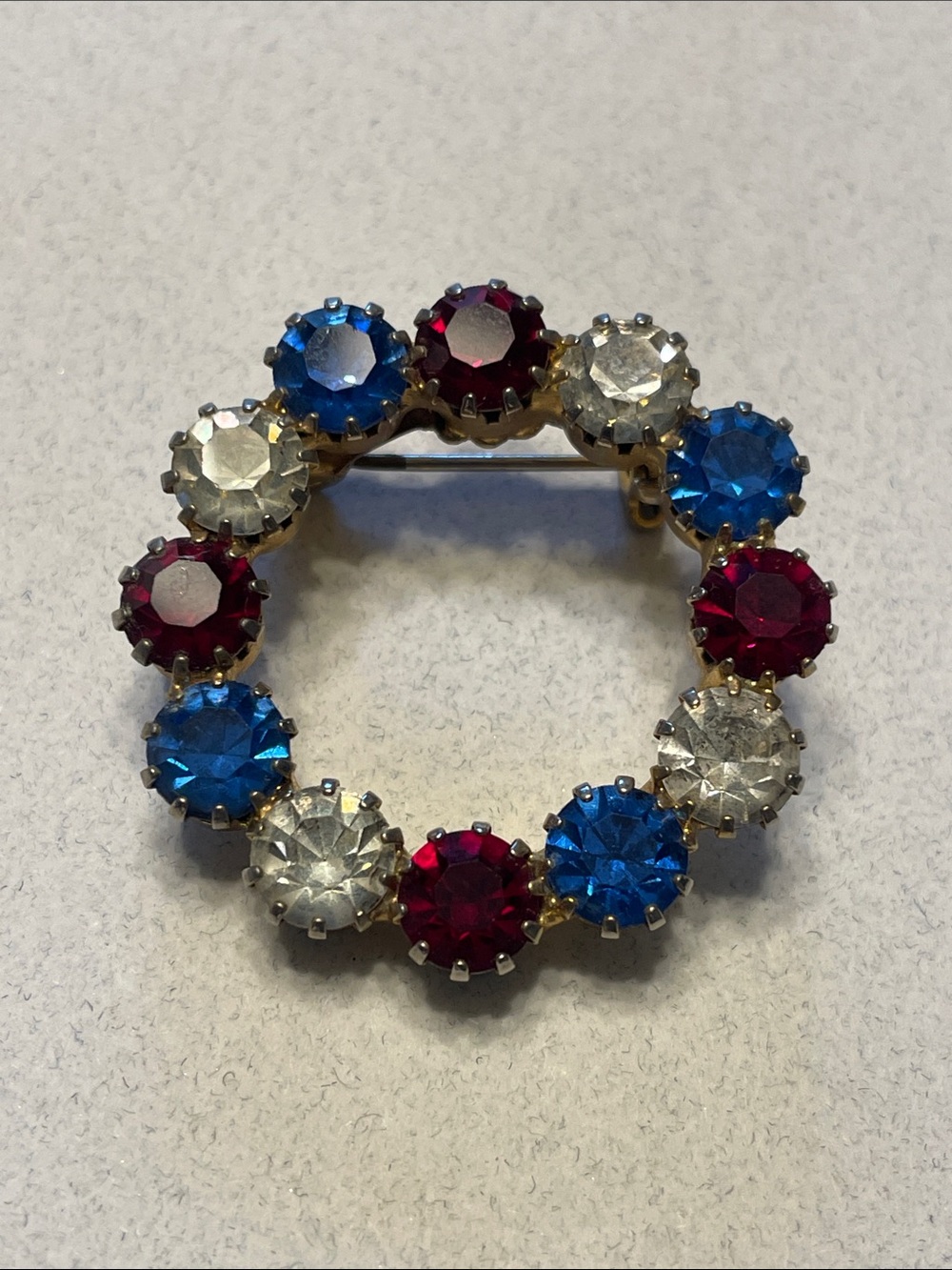 Vintage 1960s Patriotic Circle Crystal Brooch - Red, Blue, Clear